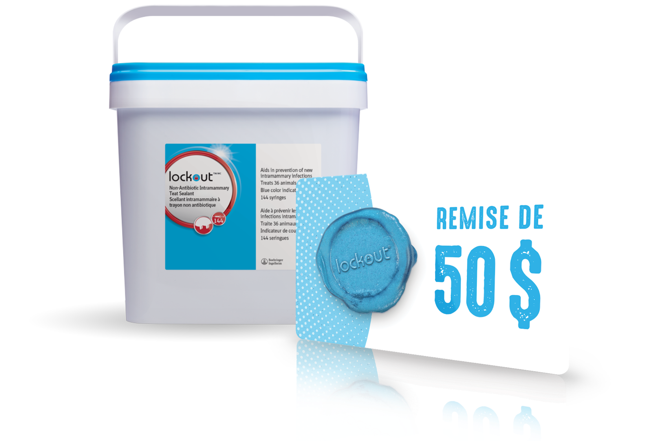 Photo d'une carte de rabais de 50 $ devant un contenant de lockout